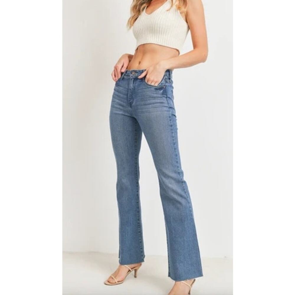 Just Black Denim Mid Rise Fall Flare Raw Hem Jeans Medium Wash Blue 27